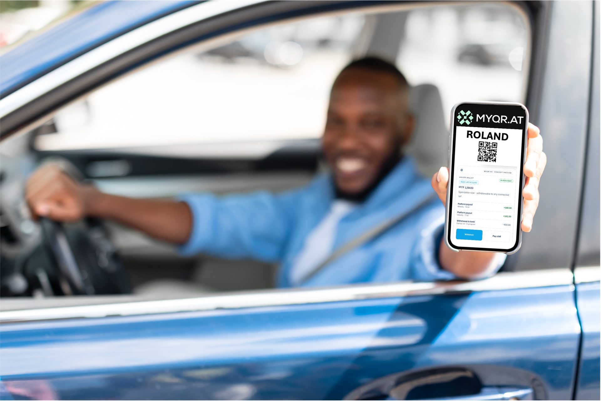 A driver in his car holds up a phone showing a MYQR driver wallet with earnings and payouts.